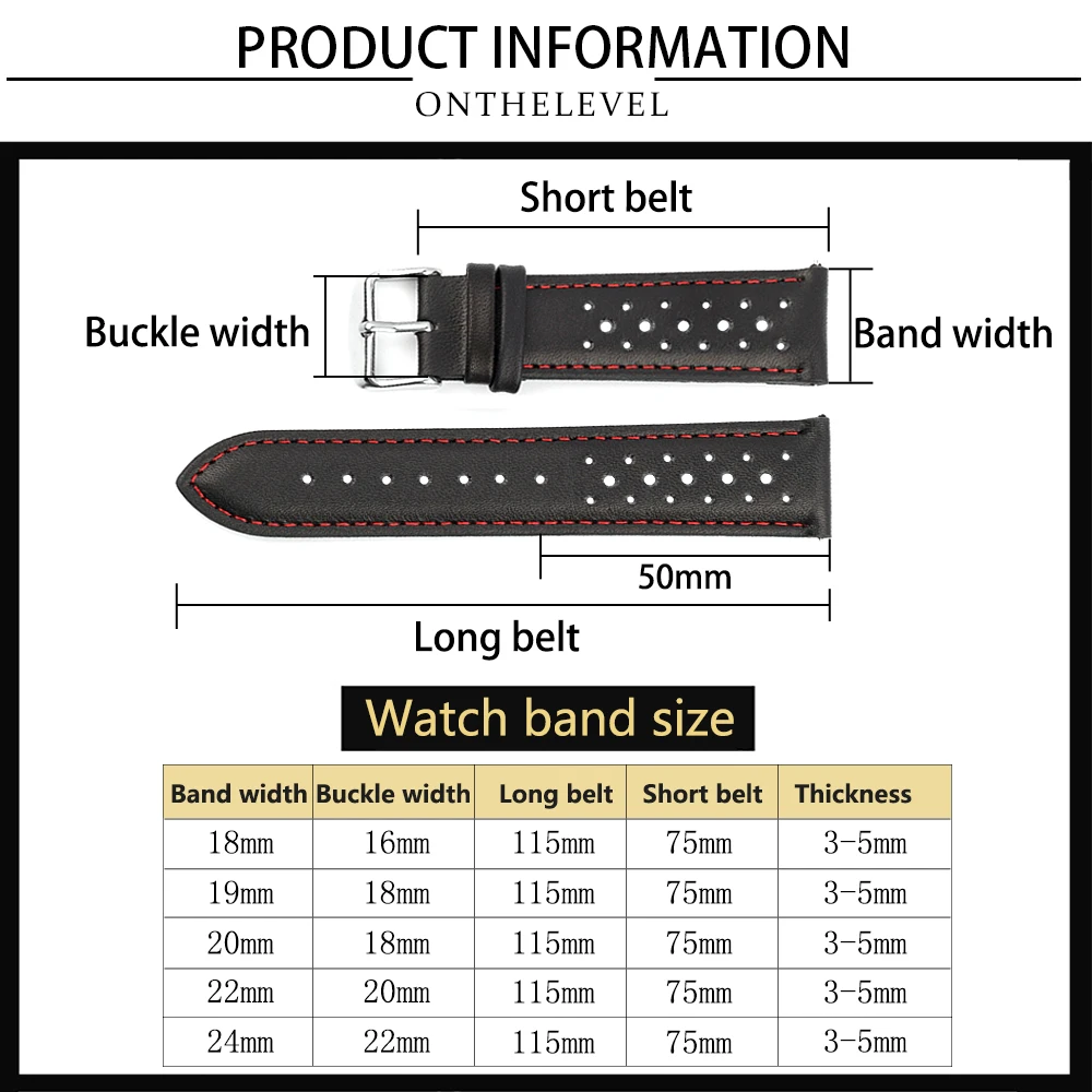 Genuine Leather Watch Band 18mm 20mm 22mm 24mm Breathable Porous Wristband Watch Bracelet Handmade Stitching for Men Watchstrap