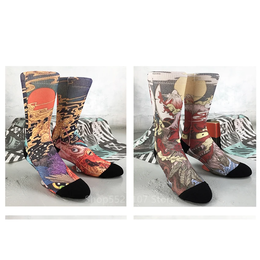 

Fashion Ukiyo-e Men Samurai Costume Retro Socks 24Color Women Whale Wave Print Harajuku Fashion Ankle Woman Sock Geta Tube Funny