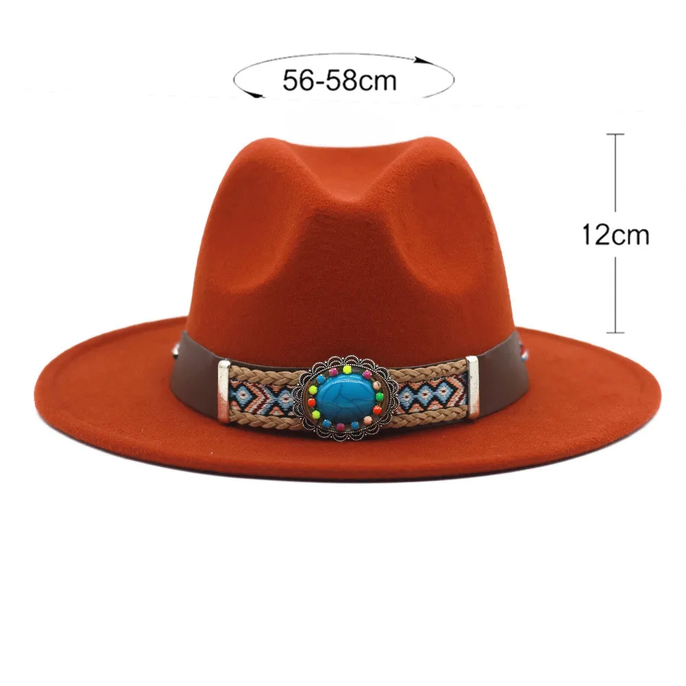 

Ethnic Style Men Women Wide Brim Wool Felt Jazz Fedora Hats Elegant Solid Color Single Side Panama Trilby Cap wholesale
