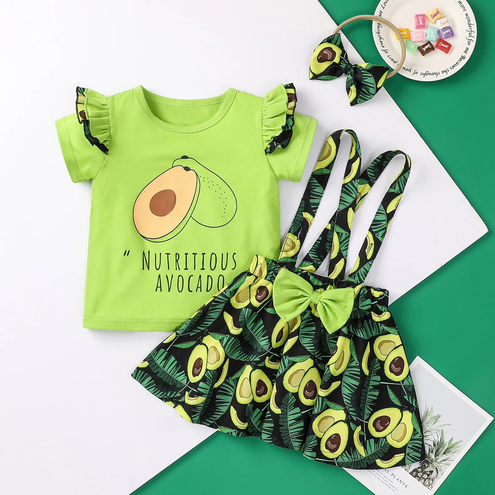 

3pcs Sets Fashion Girl's Clothes Short Sleeve T-shirt Bow Suspender Skirt with Headband Summer Clothing 2021 hot