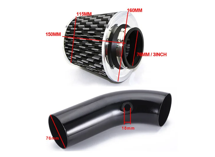 

3 Inch Universal Car Cold Air Intake Filter Aluminum Induction Kit Pipe Hose System Silver