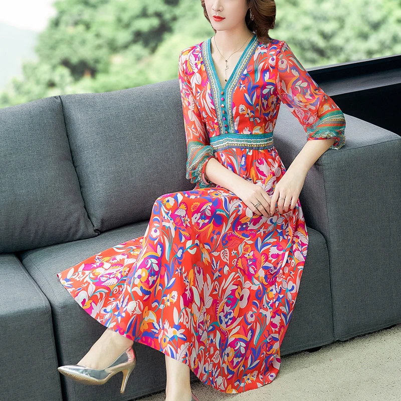 

2020 Spring Printing Women Dress Elegant Floral Printed Imitate Silk Vestidos V-neck Women A-line Casual Beach Dresses