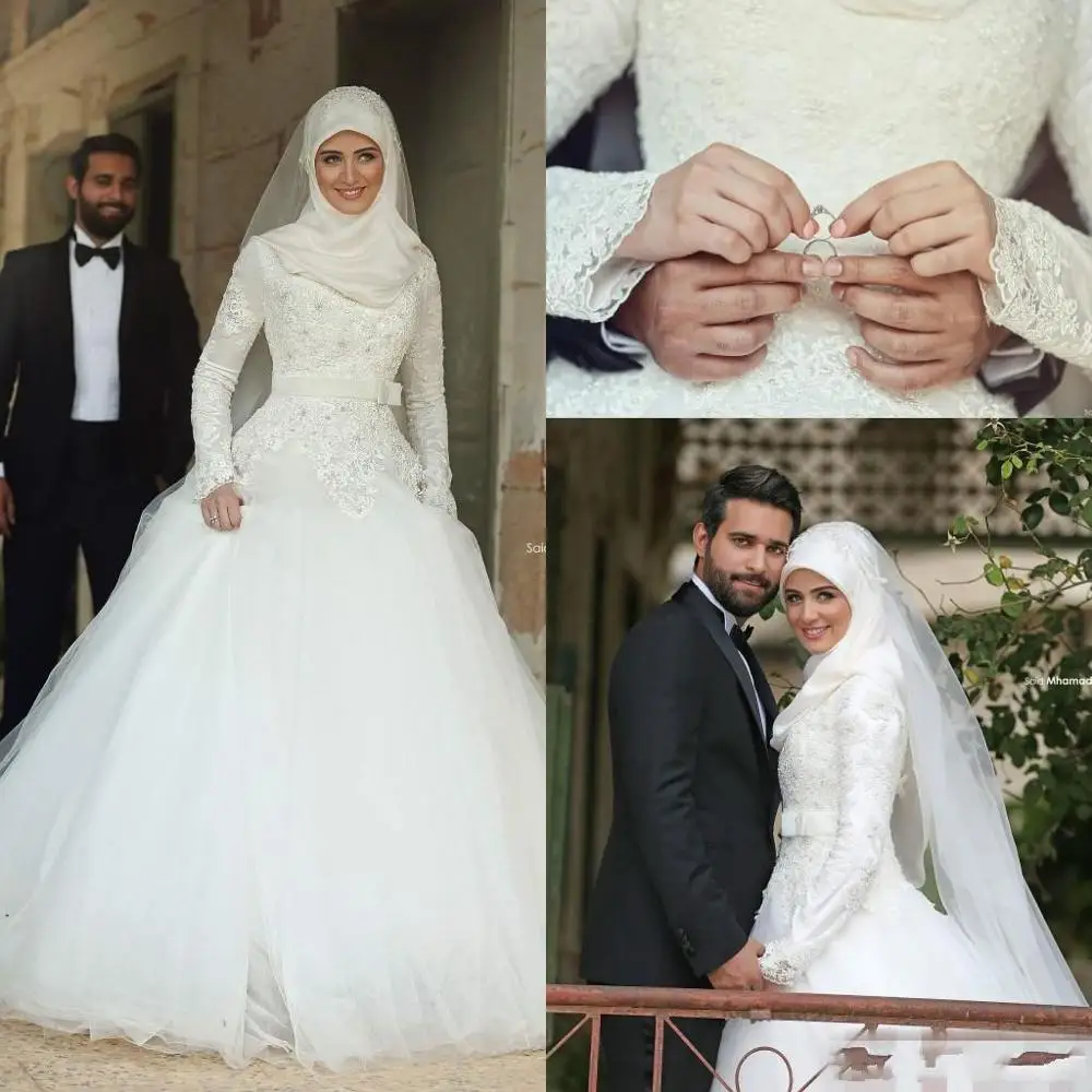 

Arabic Islamic Muslim A Line Wedding Dresses Said Mhamad Lace Winter Bridal Gowns Long Sleeves High Neck Midwest Pakistani