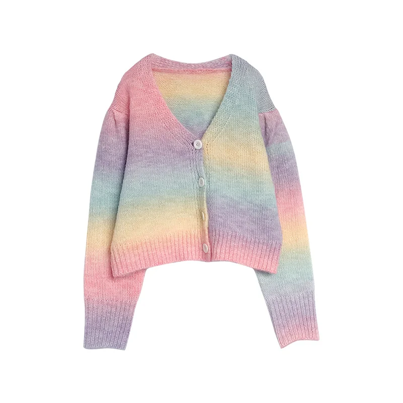 

Rainbow Knitted Cardigan Women Winter Sweet Short Sweater Cardigan Female High Street Streetwear Korean Sweater Coat Women 2021