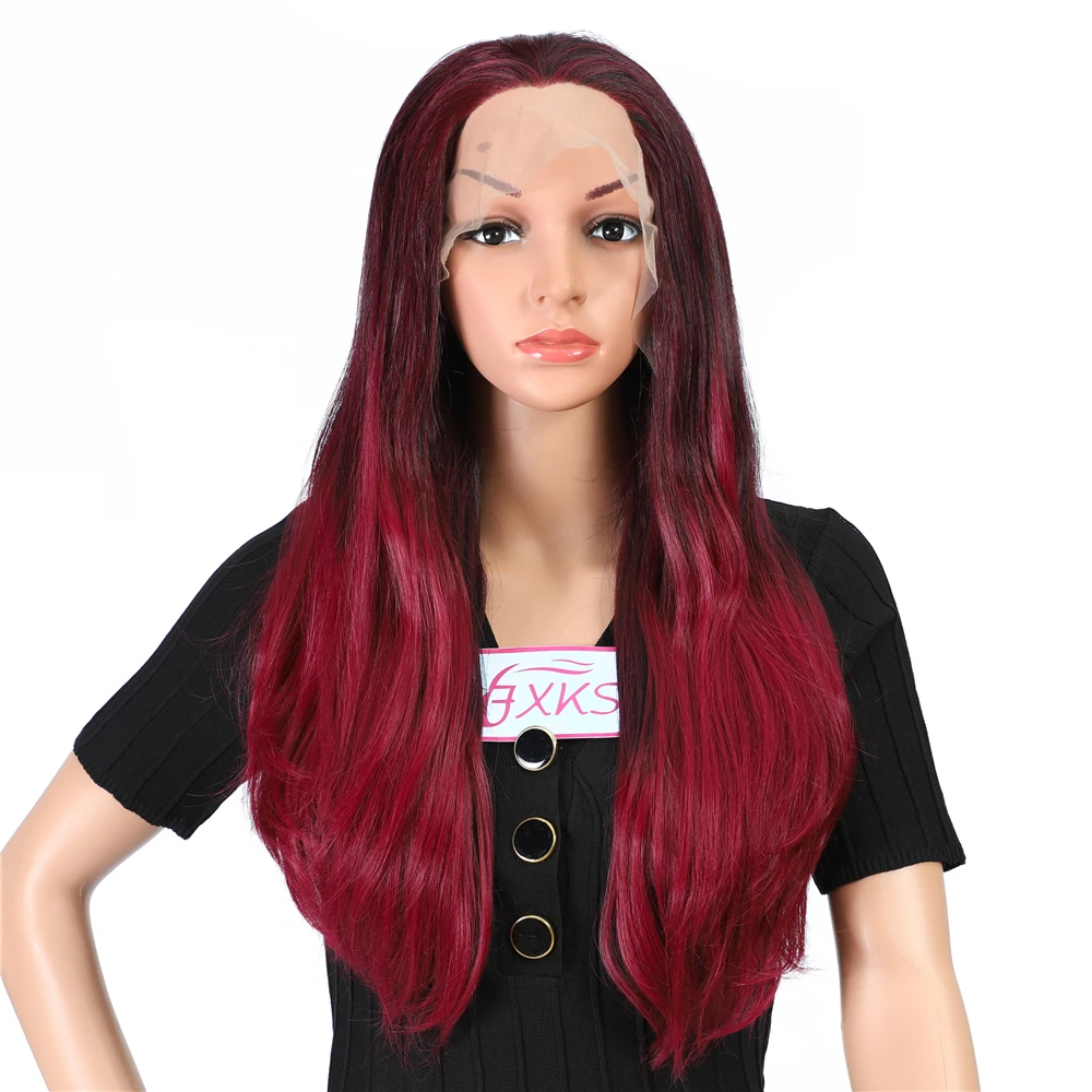 

Ombre Burg Synthetic Lace Front Wigs 1B Burgundy Red Body Wave Long Hair 13x2 Lace Front Wigs 24Inch Natural Hairline FXKS