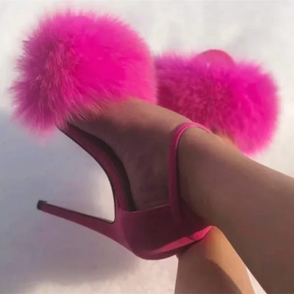 Туфли женские замшевые пушистые с открытым носком на шпильке|Боссоножки и