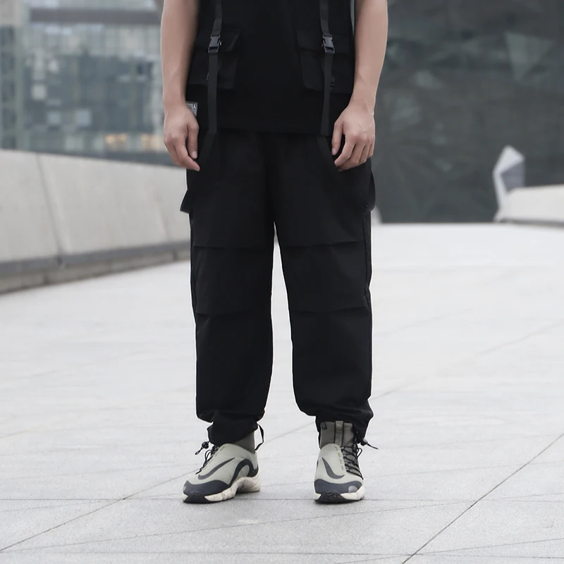 

WHYWORKS Techwear Black Wide Leg Drawstring Jogger Cargo Pants Hip Hop Punk Fashion