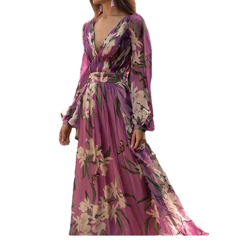 

Flower Print Purple Long Dress Fairy Thin Long-sleeved Vestido Midi Elegant Bohemian Chiffon V-neck Large Hem Women Dresses