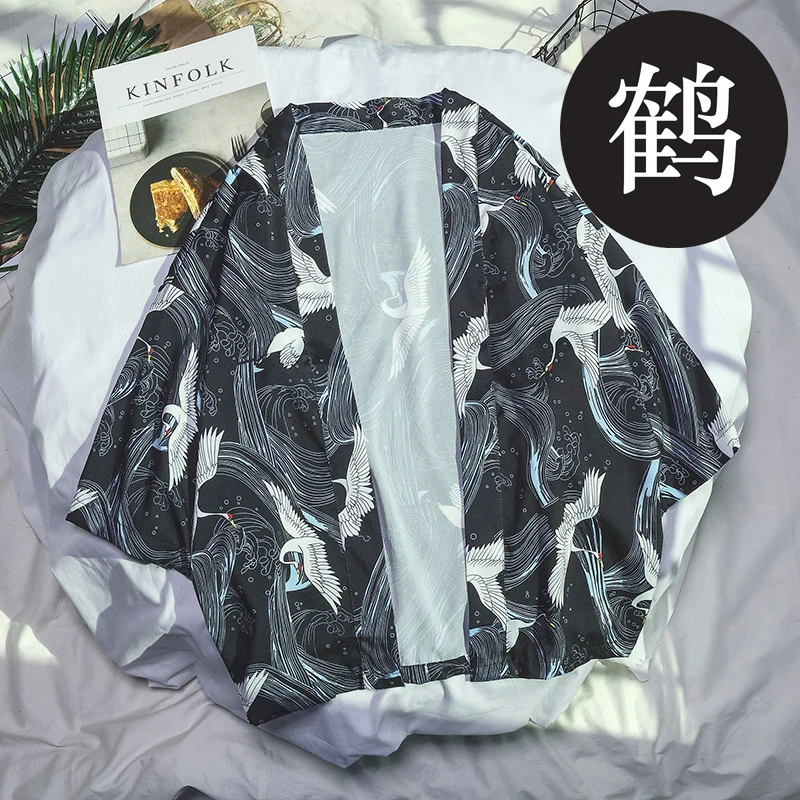 Ukiyoe Kimono Haori Yukata Japanese Style Samurai Cardigan Crane Print Traditonal Costume Streetwear Men Women Free Shipping |
