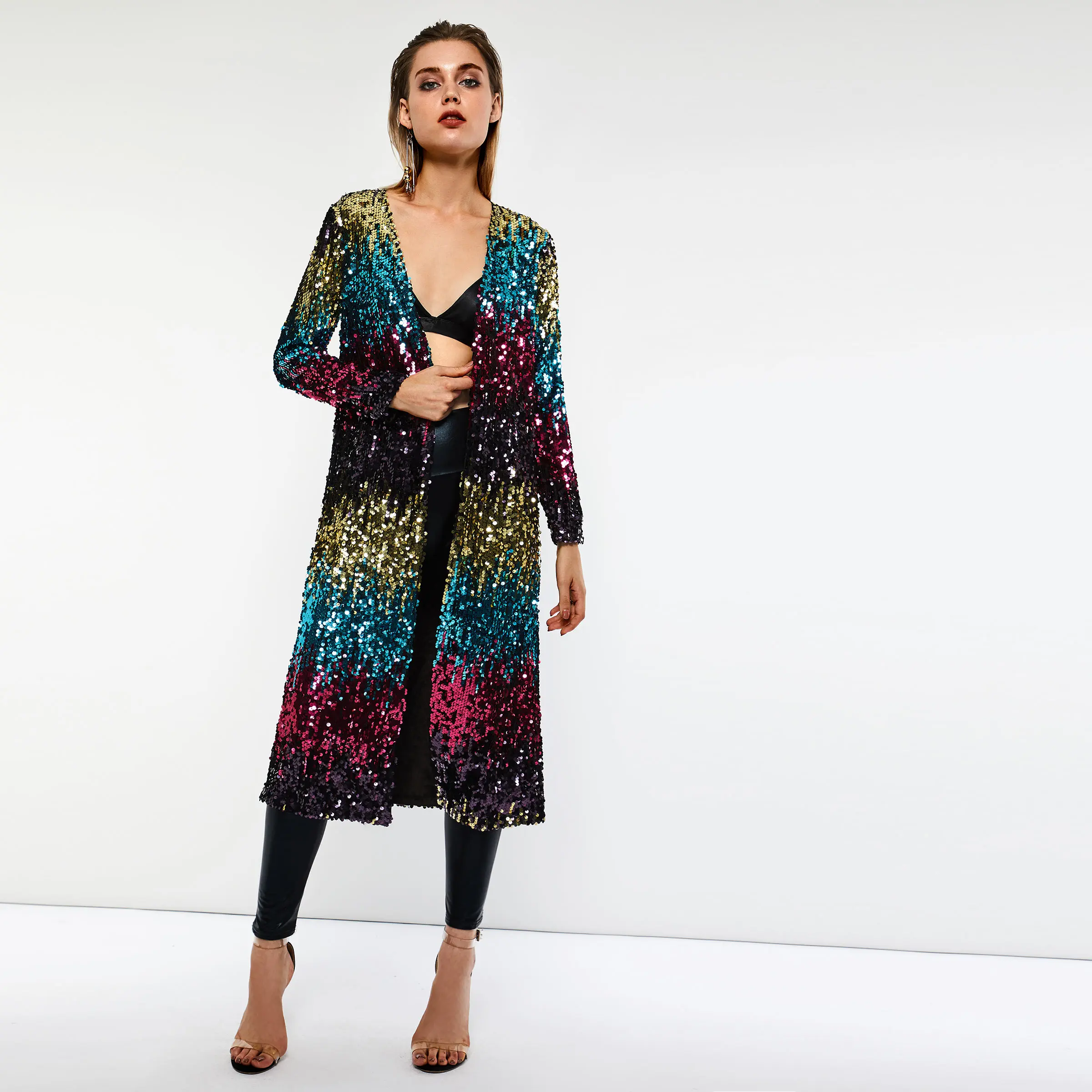 

Women Spring Fall Ladies Sequins Party Cocktail Overcoats Color Block Long Sleeve Long Trench Street Wear Gypsy Slim Coat Cool