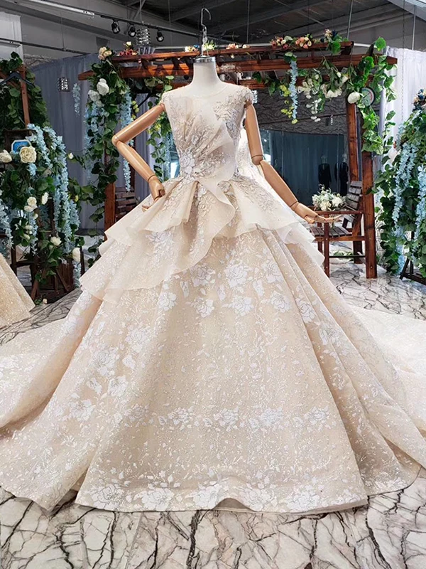 as picture HTL761 роскошное бальное платье свадебное платье с круглым вырезом, расшитые с аппликацией, с открытой спиной, с рукавом-крылышком, Специальное свадебное платье Элегантное vestido longo - Цвет: as picture