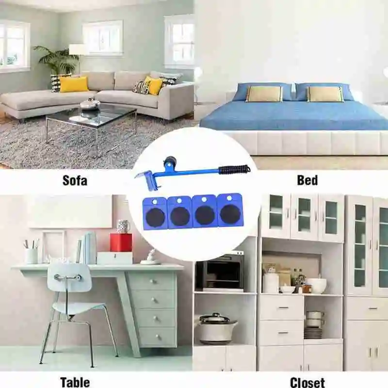 

5pcs Furniture Movers Profession Heavy Furniture Roller Device Kit Move Tool Set Wheel Sliders Bar Lifter Furniture Mover Q1S2