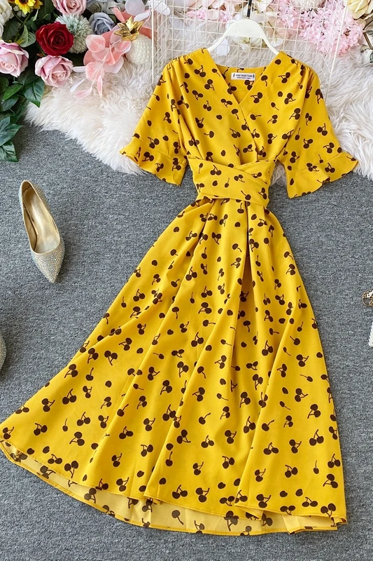 

French V Neck Dress Short Sleeve Summer Lace Up Waist Seaside Vacation Beach Over The Knee Big Swing Dress