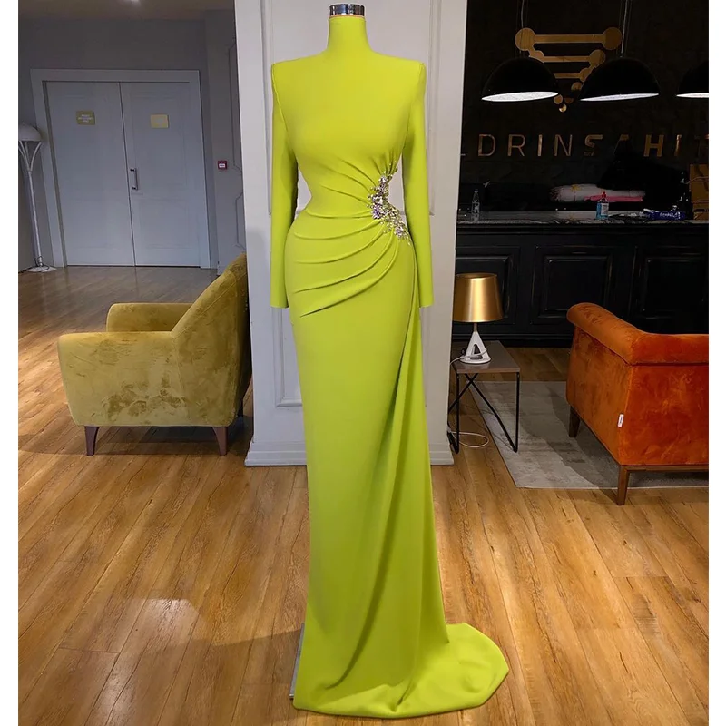 

Green Evening Dresses with Crystal High Collar Long Sleeve Mermaid Prom Dress Party Wear Sweep Train Robes De Soirée