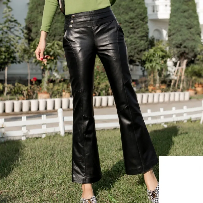 Новые женские брюки-клеш из натуральной кожи Приталенные брюки с высокой талией