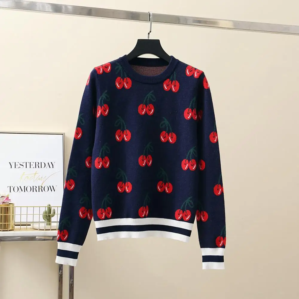 

Merhcall Autumn Winter Sweet Lolita Cute Embroidery Cherry Knit Sweater Women Casual Pullover Slim Sweater Long Style Top