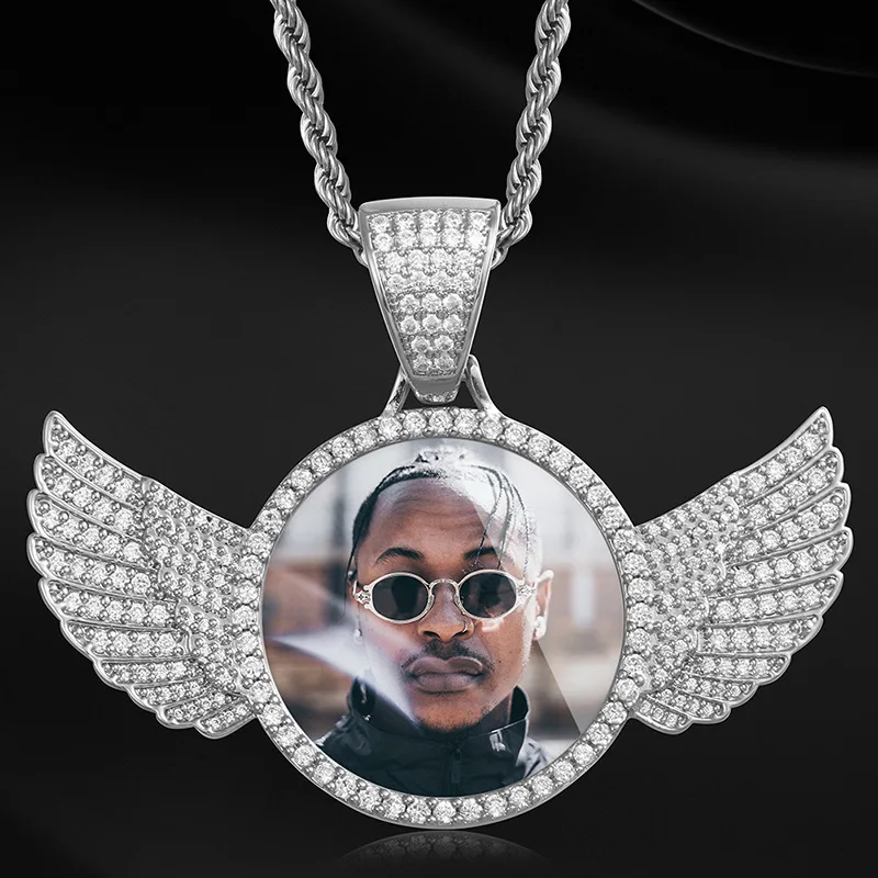 

Angel Wings Medallions Custom Photo Pendant Necklace Mens Hip Hop Jewelry Iced Out Zircon Pendant Personality Engraved Name Gift
