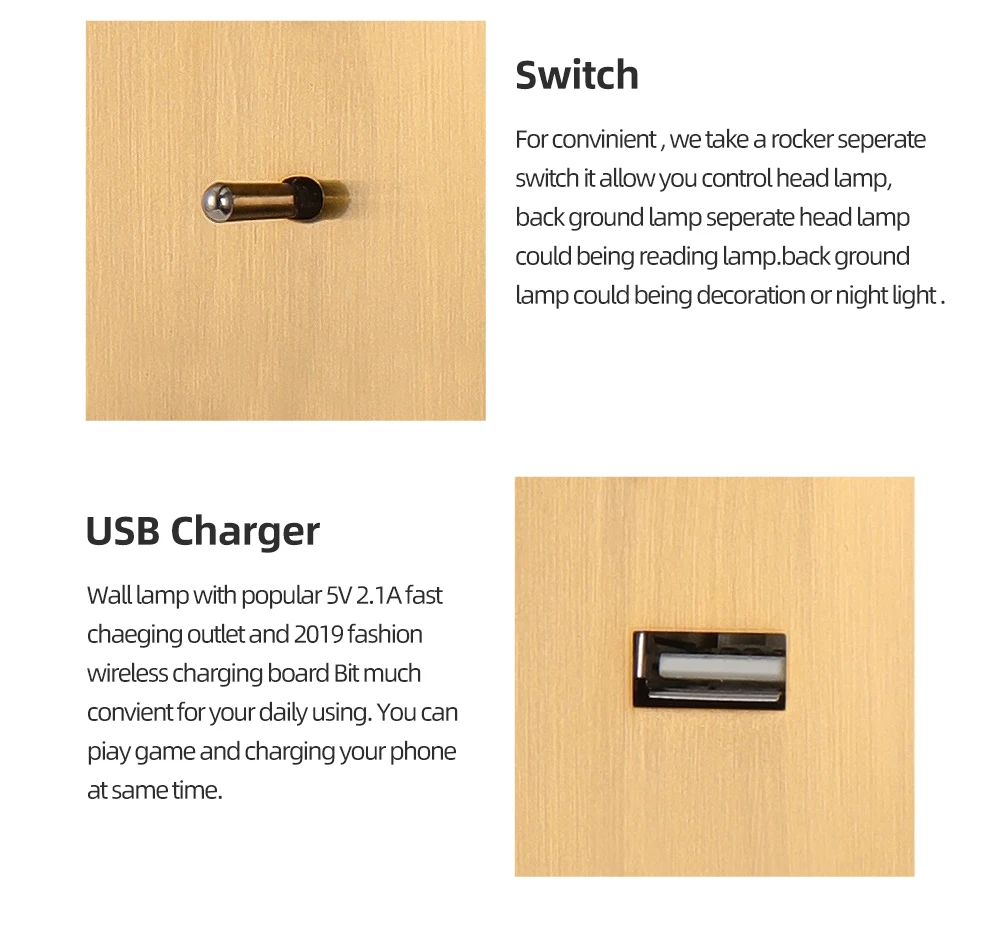 

LED Wall Light Indoor Decoration Bed Headboard Reading Lights with USB Charger Switch Hotel Bedside Wall Sconces Lighting