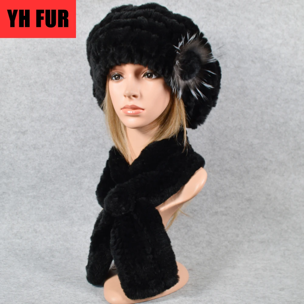 Новые модные вечерние вязаный Настоящий мех кролика шапка и шарф женская из меха