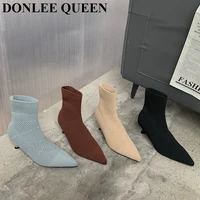 ankle boots for women pointed toe sock boots thin heels boots women shoes fashion stretch knit candy color boots for party mujer
