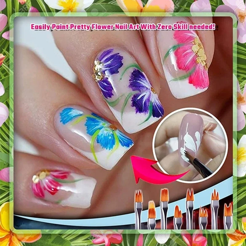 

8Pcs Color Paint Pen Set Pink Petal Pen Nail Brush Short Nail Brush