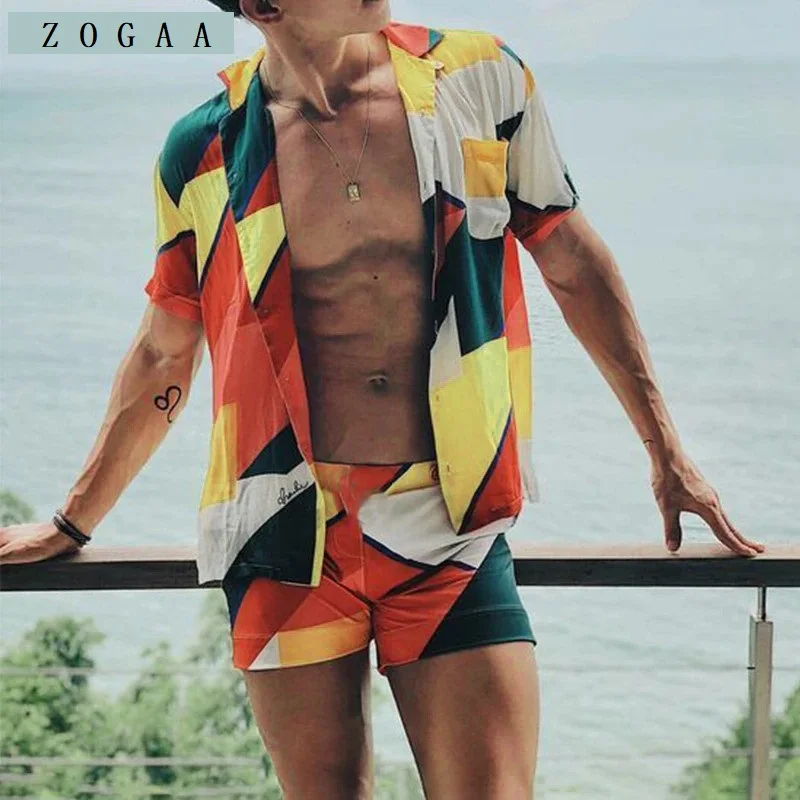 ZOGAA Summer Beach Men Sets Printed Short Sleeve Streetwear Lapel Shirt Fashion Shorts Casual Men Hawaiian Suit 2 Pieces 2021