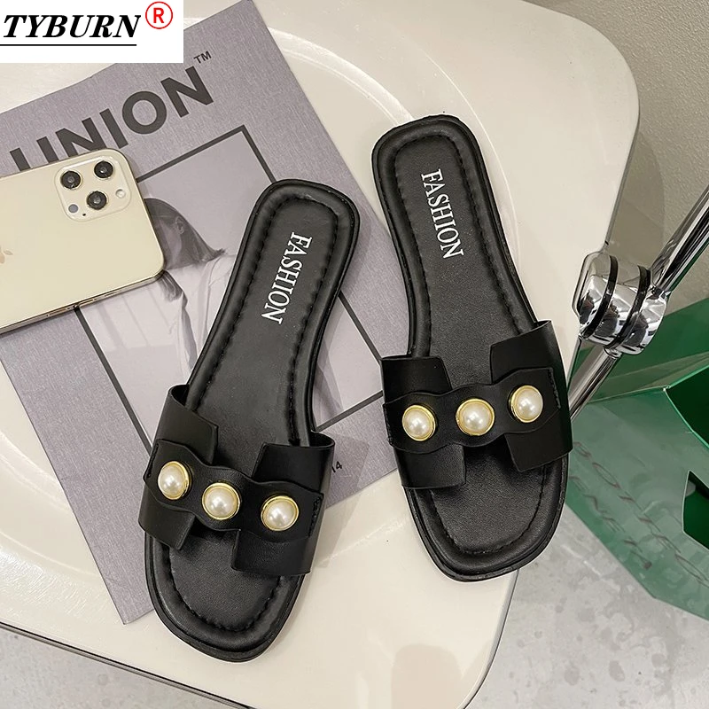 Шлепанцы женские с жемчугом повседневная обувь на плоской подошве бежевые