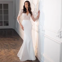 2022 elegant slim mermaid lace backless applique v neck hot sale long sleeve bridal gowns weeding dress formal occasion new
