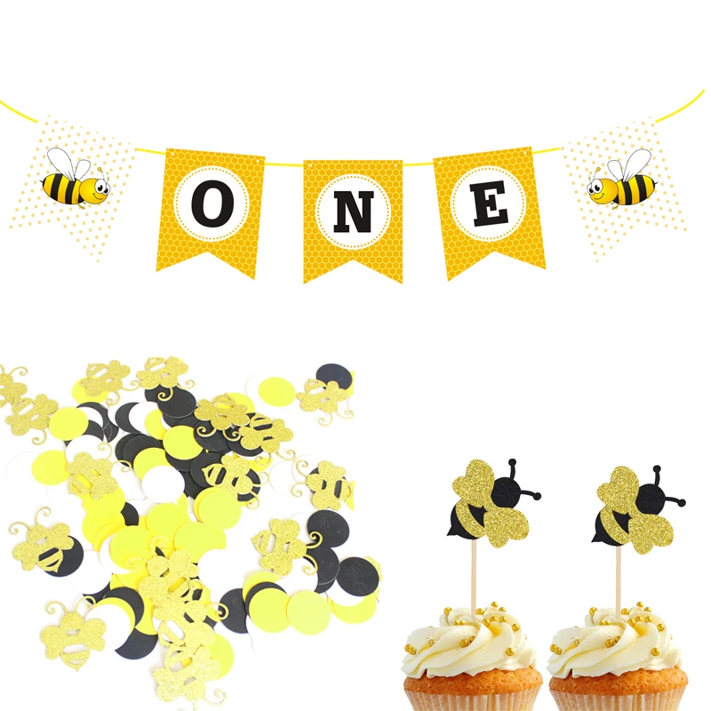 

Glitter Bumble Bee Cupcake Toppers One Paper Banner Table Confetti Gender Reveal Baby Shower 1st Birthday Cake Party Decoration