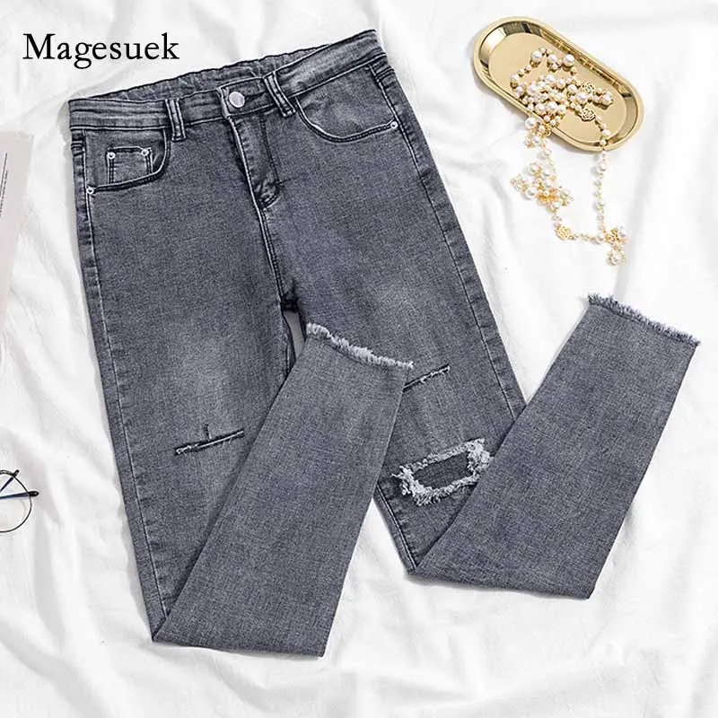 

Female Denim Pants Hole Button Women's Pencil Pants 2020 Korean Fashion Jeans Gray Denim Elastic Trousers for Ladies Donna 10633