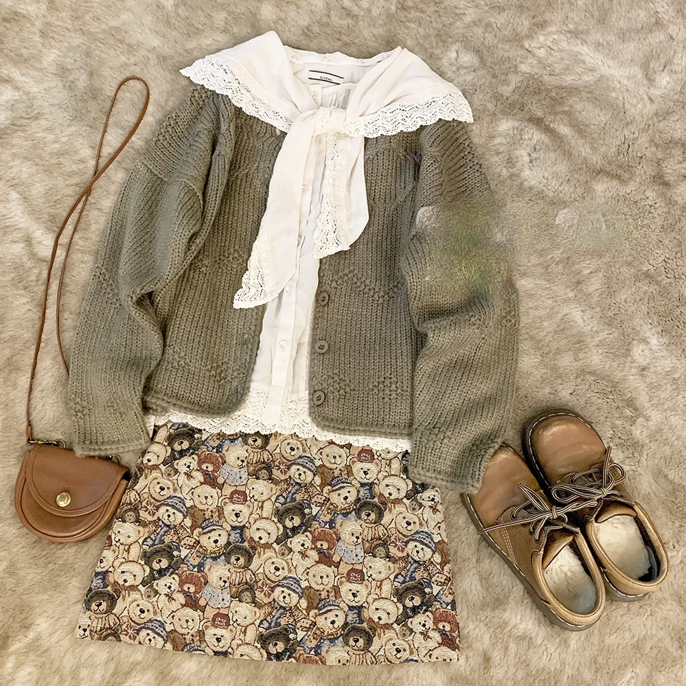 Милая винтажная Жаккардовая юбка в японском стиле ретро мишка тедди с высокой