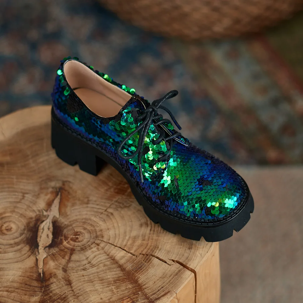 Women Spring Summer Casual Platform Footwear Leather Oxford Shoes Ladies Round Toes Lace Up Chunky Heels Black Silver Gold Green | Обувь