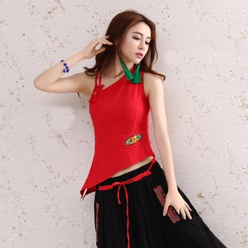 Женский топ без рукавов Асимметричный из хлопка и льна в китайском стиле ретро