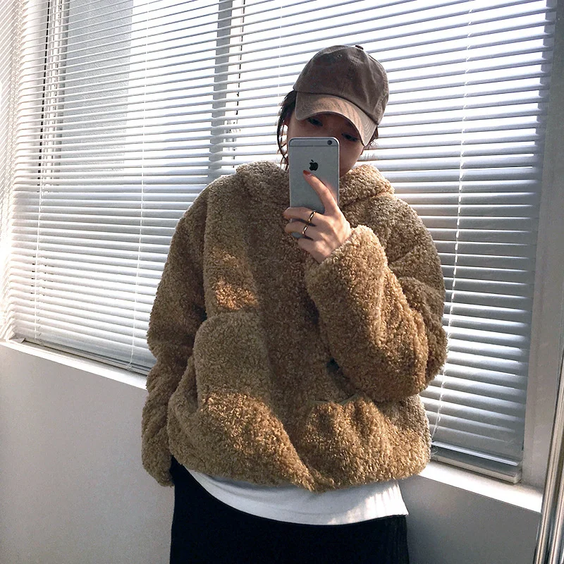 

Модная зимняя куртка с капюшоном UMI MAO в Корейском стиле из овечьей шерсти женский свитер свободный маленький Топ Y2K толстовки в готическом с...