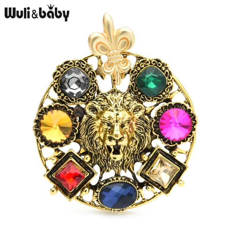 Wuli &amp baby большой кристалл голова льва броши для женщин сплав крест вечерние брошь