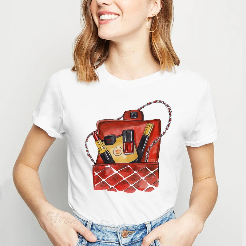 Футболка женская с коротким рукавом модная рубашка принтом туфель на высоком