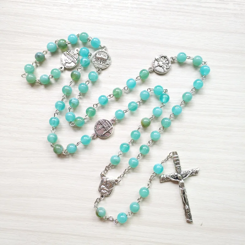 

QIGO Long Blue Acrylic Strand Rosary Necklace Metal Jesus Cross Pendant For Men Women Religious Jewelry