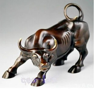 

Antique bronze Pure Copper Brass CHINESE crafts decor ation Asian Cobre de Bronze Big Wall Street Bronze Fierce Touro OX 8 inch