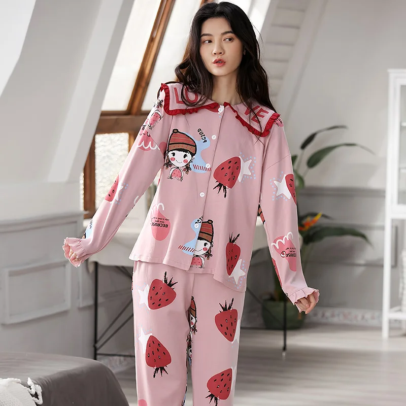 

Autumn Winter Knitted Cotton Women Pajamas Set Long Sleeve Turn-down Collar Womens Sleepwear Loose Soft Plus Size 3XL Pyjamas