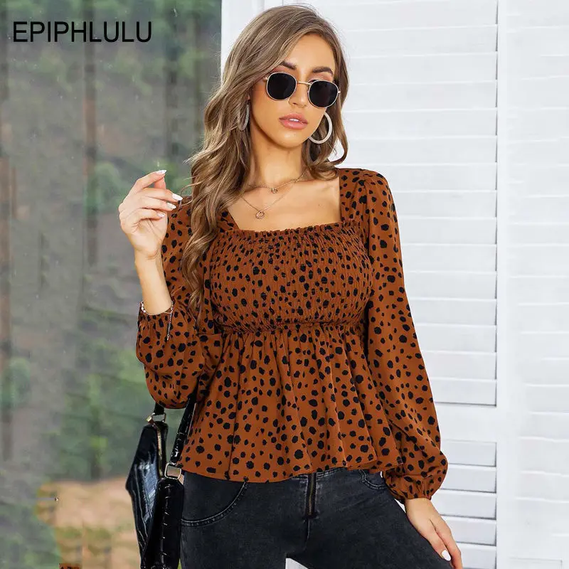 

Spring Sexy Leopard Blouse Women Chiffon Bouse Shirt Female Square Neck Top Long Sleeve Shirts for Women 2022
