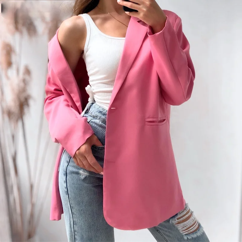 

2021 Chic Loose Light Pink Women Blazer Spring Summer Single Buttons Female Oversized Suit Jacket Full Sleeve Outwear
