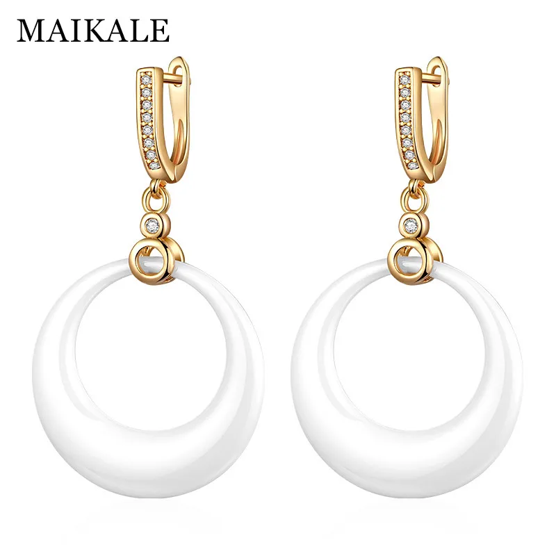 gold white MAIKALE трендовые Простые керамические Висячие Серьги Медь AAA кубический цирконий позолоченные большие серебряные серьги для женщин подарок другу - Окраска металла: gold white
