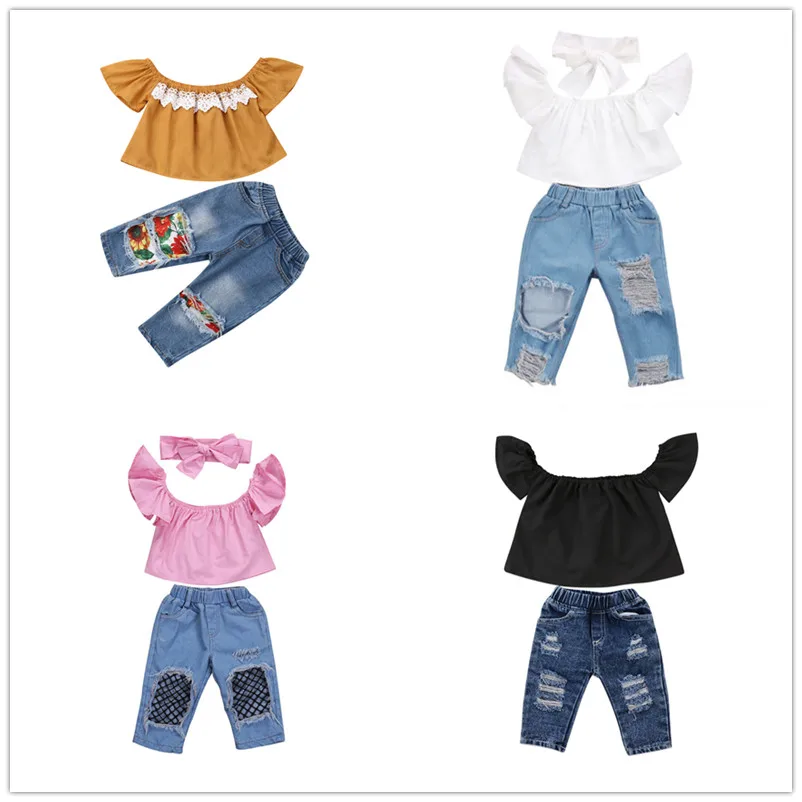 2 шт. кружевная рубашка с открытыми плечами и джинсовые брюки|Комплекты одежды| |