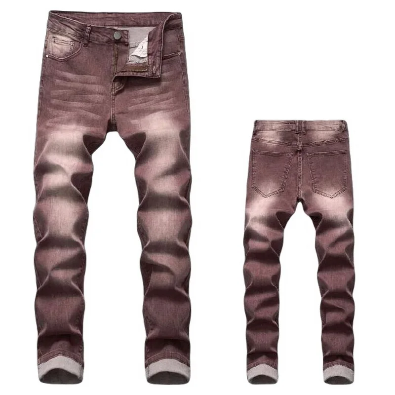 Мужские джинсы со складками коричневые облегающие эластичные брюки из денима