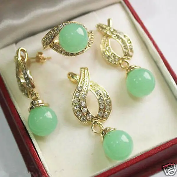 

wedding Jewelry 12mm Green jade Pendant Necklace Earrings Ring set