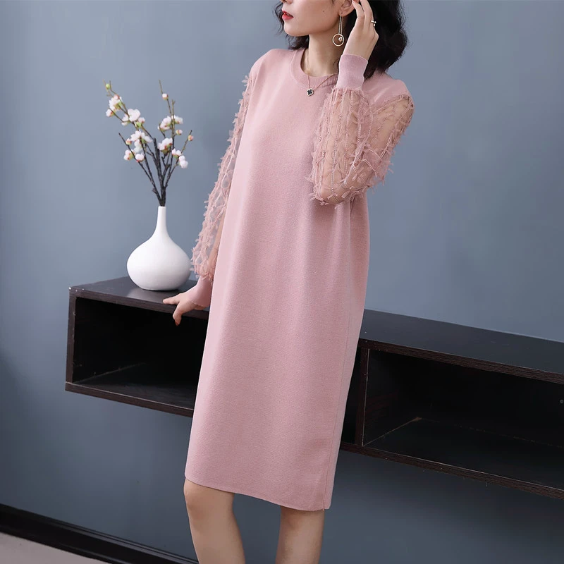 Основной гардероб черное кружевное лоскутное свободное трикотажное платье