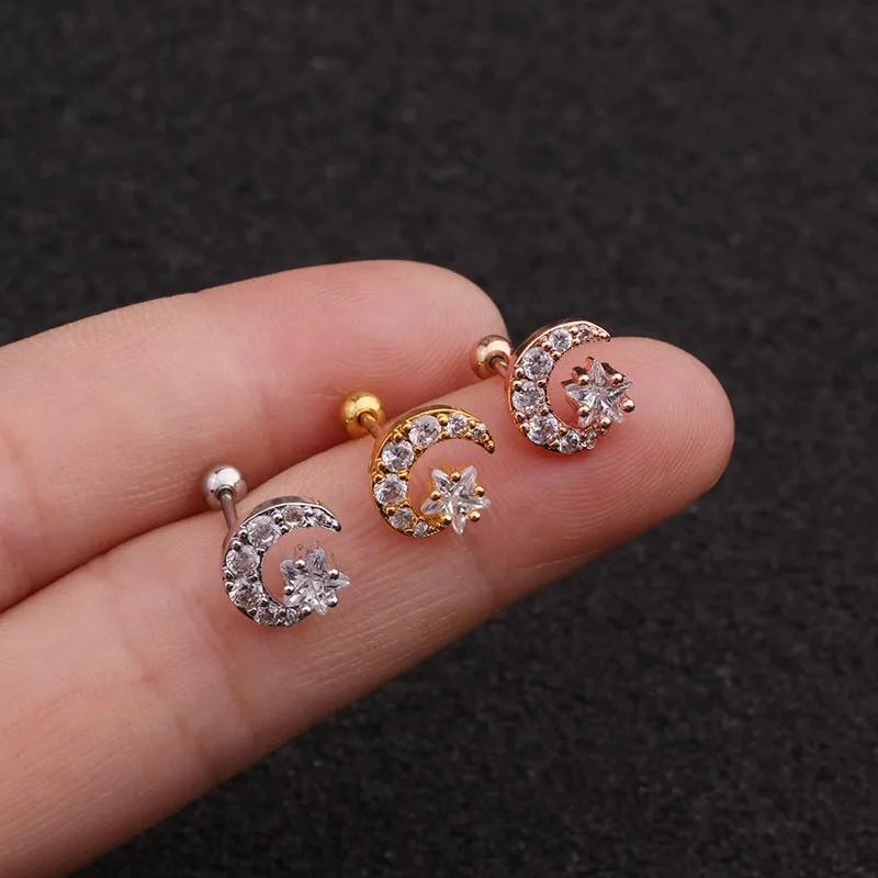 Sellsets 1pc 20G Stainless Steel Helix Piercing Jewelry Cz Moon And Star Cartilage Earring Ear Tragus Conch Rook Screw Back Stud