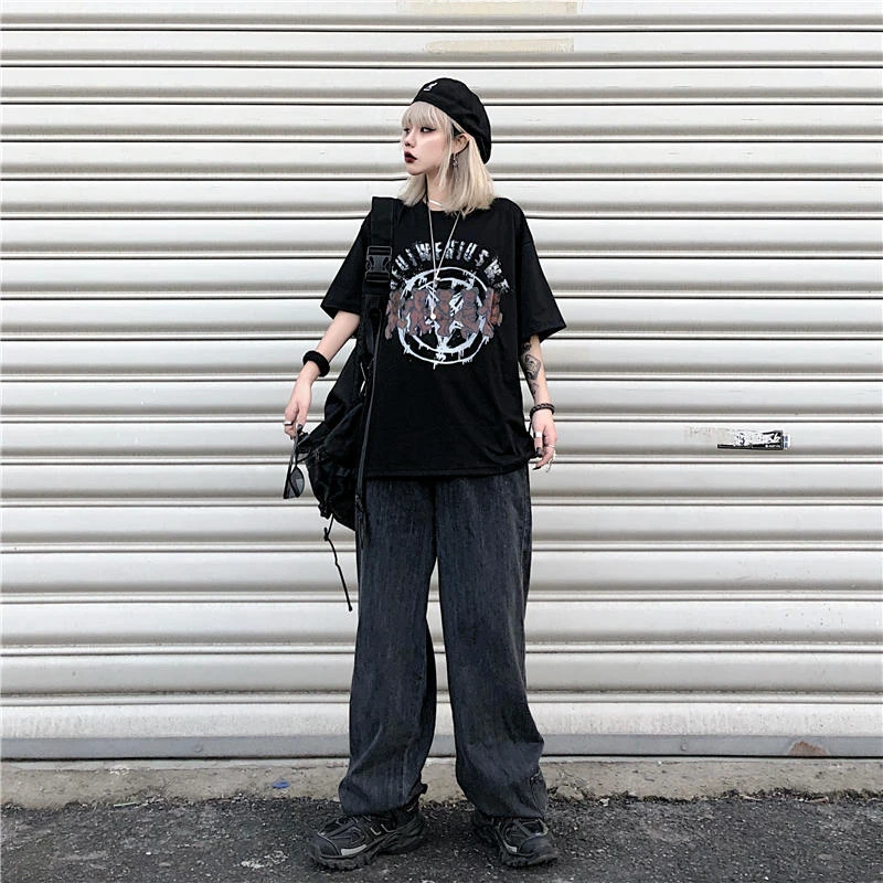 

Летняя черно-белая Повседневная Винтажная футболка в стиле панк с круглым вырезом, футболка в стиле Харадзюку с коротким рукавом, женские т...