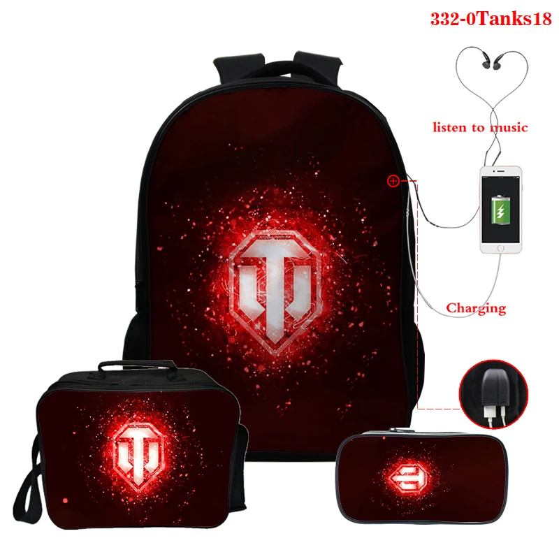 

3set/pcs Game World of Tanks Backpack Boys Girls School Bags Teenager USB Charging Backpack Men Women Schoolbags Lunch Bags 2021
