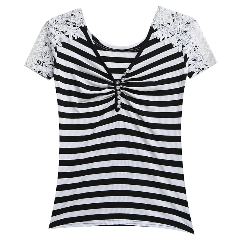 

T Shirt Women Solid Color Striped Flower Stitchwork T-shirt V-Neck Casual Short Sleeve Korean Fashion Tees Feminina Top T06808B